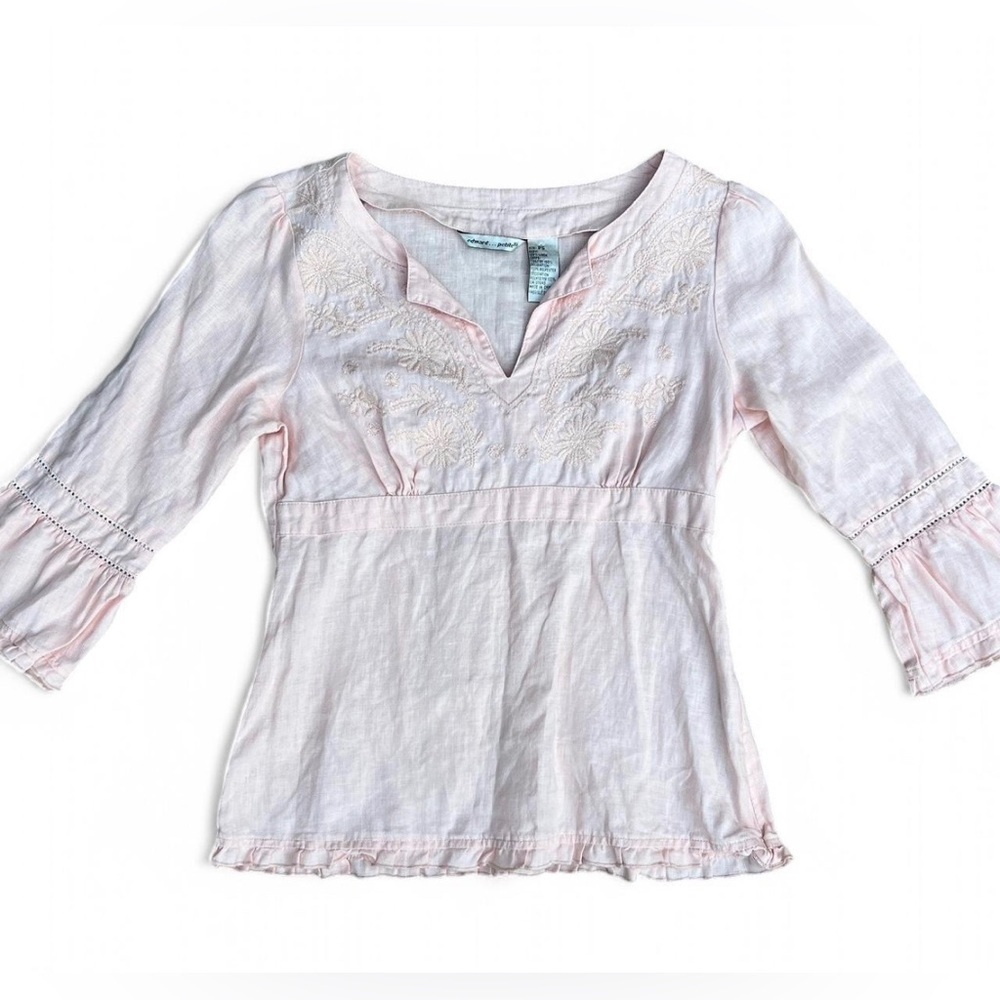 Pink Linen Embroidered Boho Blouse Feminine Dainty Coastal Romantic Size SP